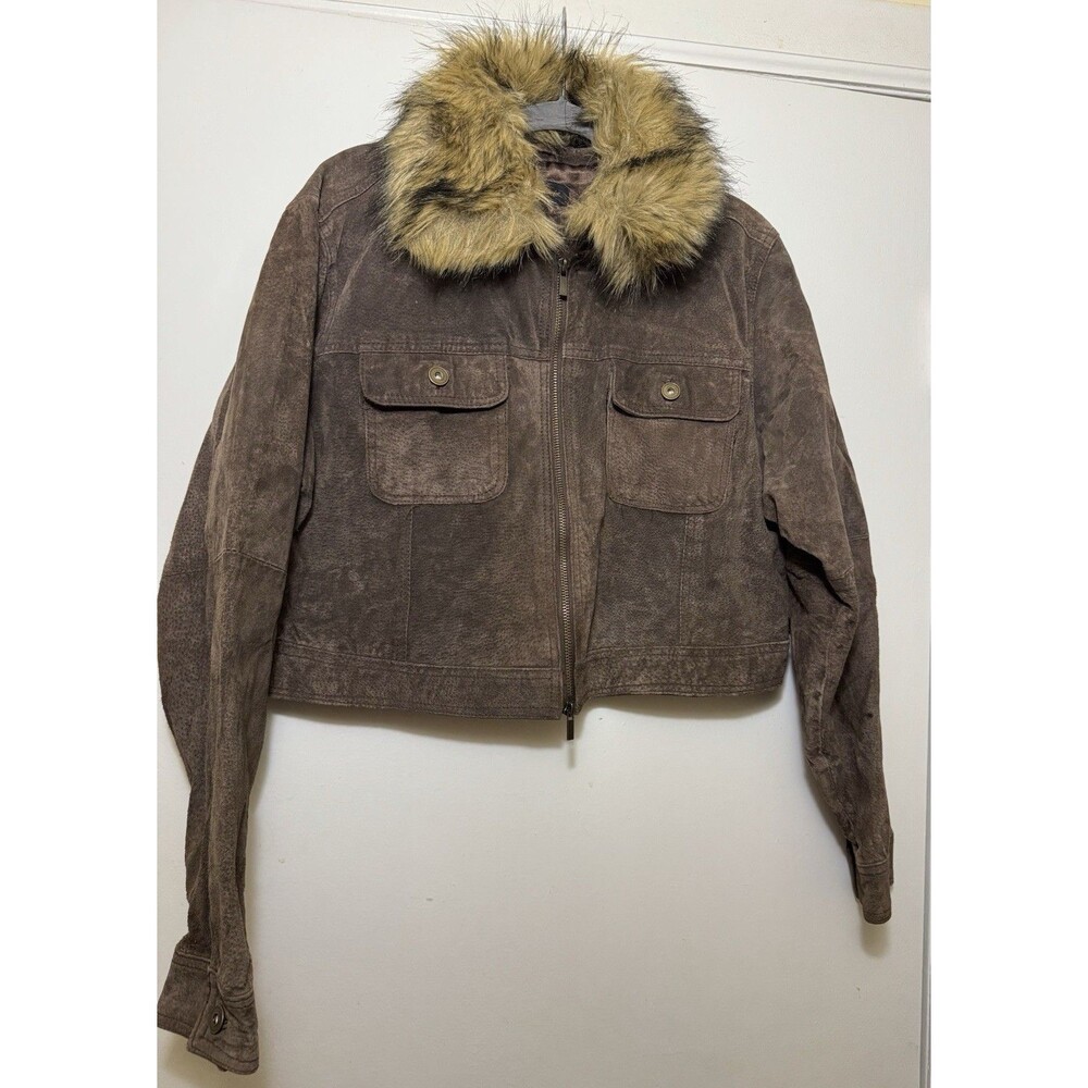 Ashley Stewart Women’s Brown Leather Jacket With Faux Fur Size XL